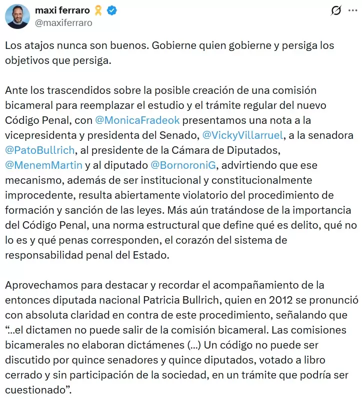 El tuit de Maximiliano Ferraro en el que cuestionó el pedido de Bullrich de tratar en comisión bicameral el Código Penal.