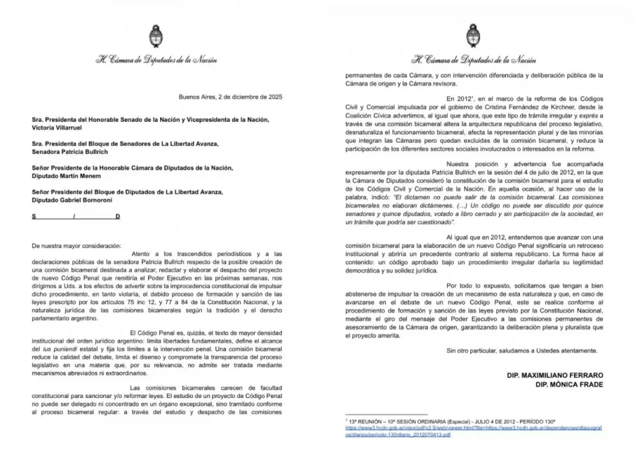 La carta de la Coalición Cívica para exponer la falsedad de Patricia Bullrich respecto a 2012.