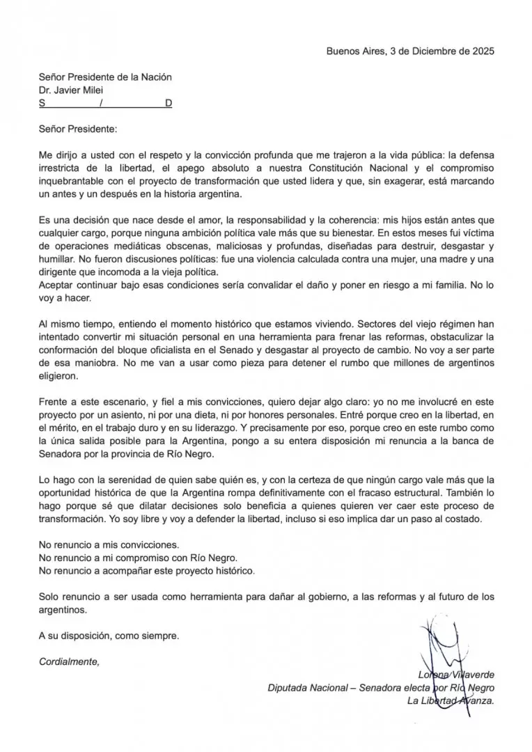 Villaverde puso su renuncia a disposicin de Milei