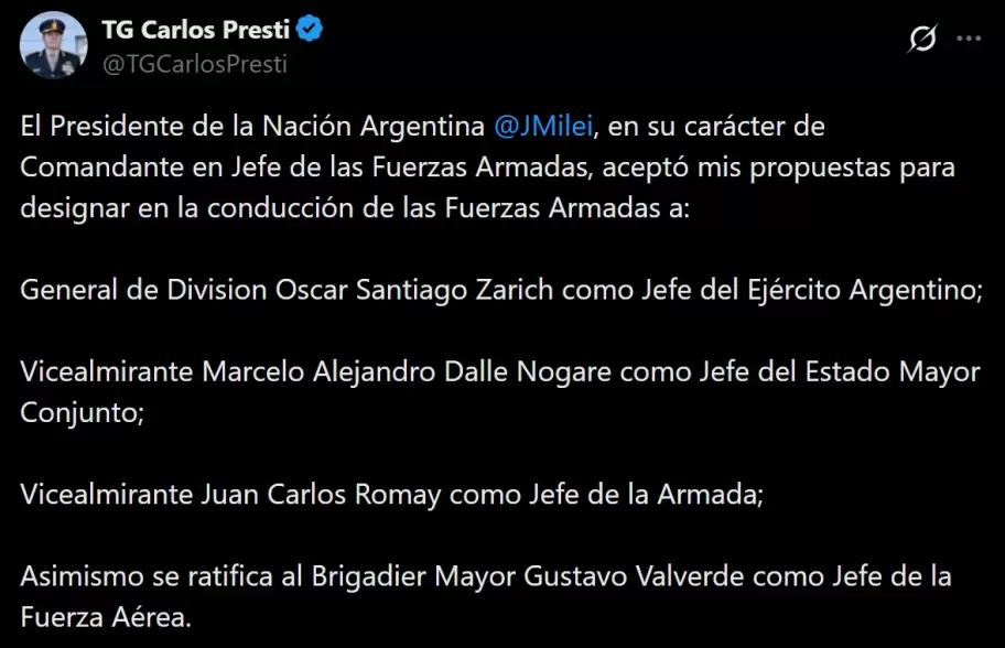 El tuit del ministro de Defensa Carlos Presti donde anunció los cambios en las cúpulas de las Fuerzas Armadas.