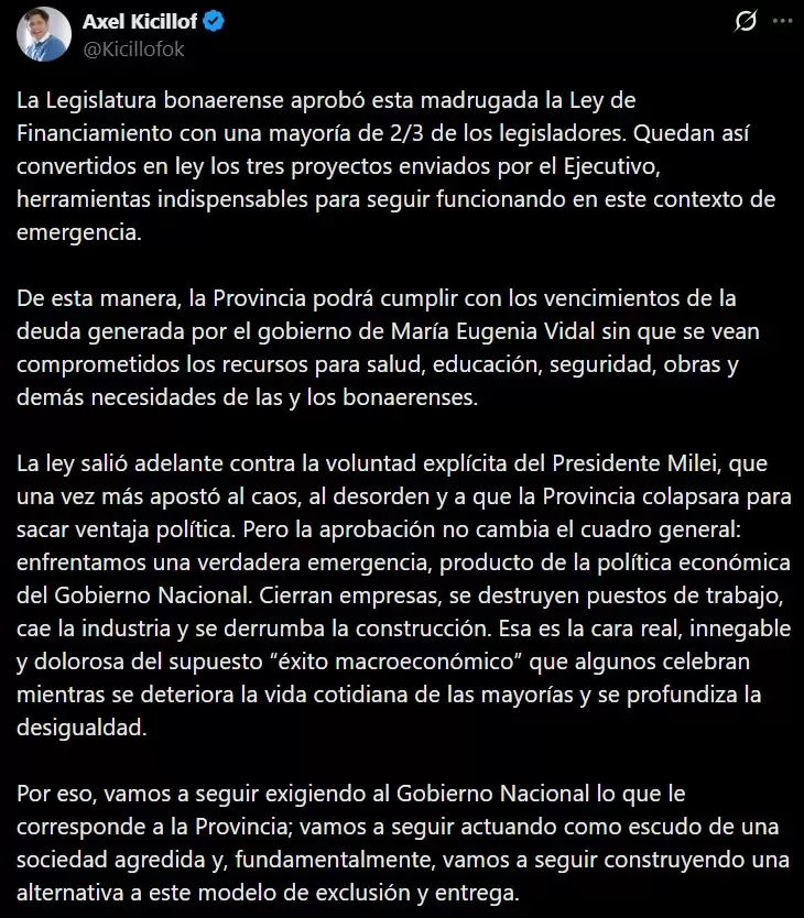El gobernador Axel Kicillof apunt contra Javier Milei por haberse opuesto a la Ley de Financiamiento.