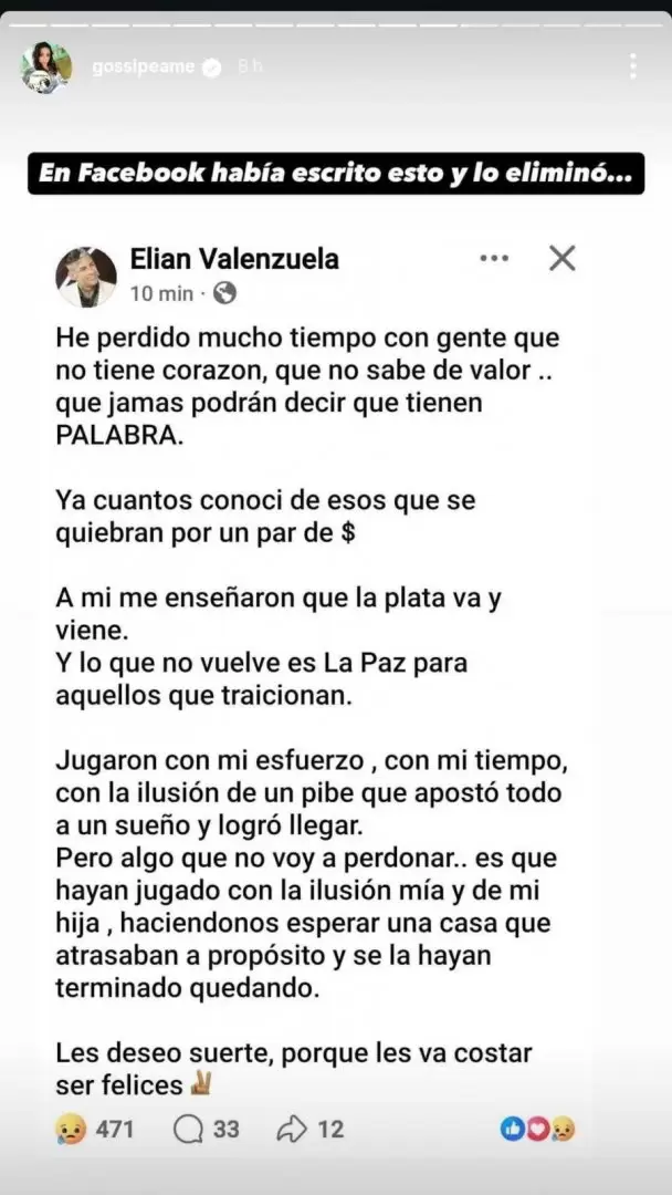 El mensaje que L-Gante public en Facebook y borr a los minutos