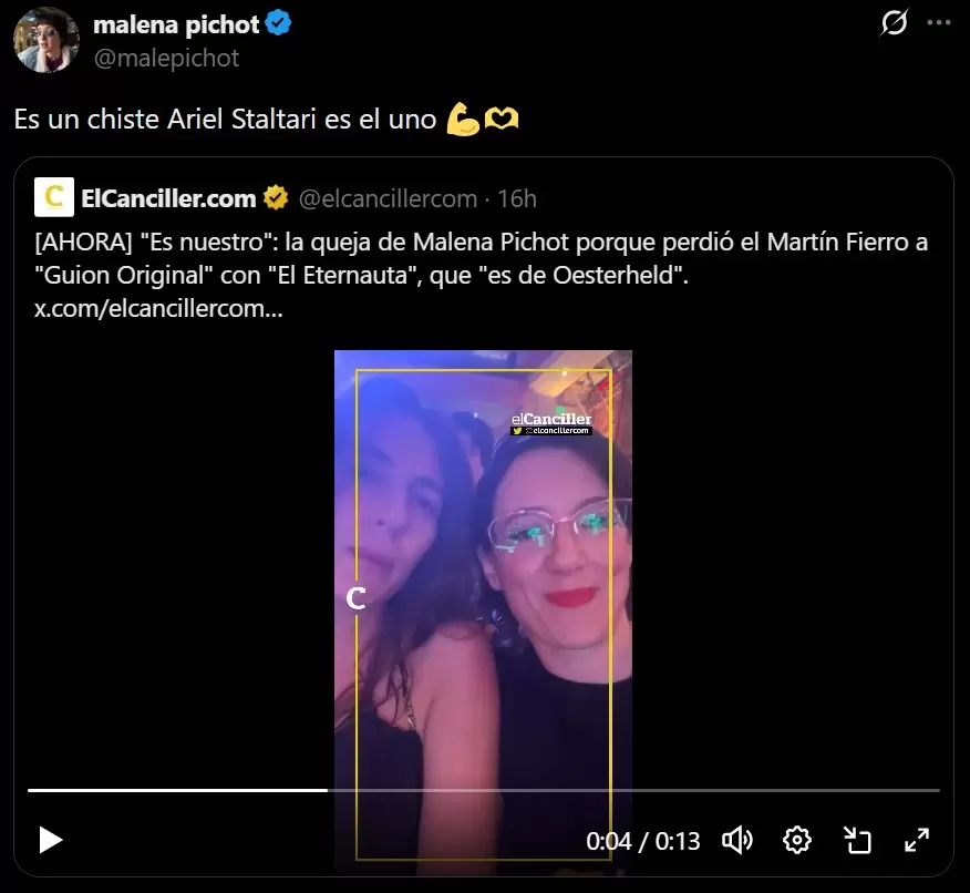 Malena Pichot aclar� el chiste que hizo sobre El Eternauta en la gala de los Mart�n Fierro de Cine y Series.