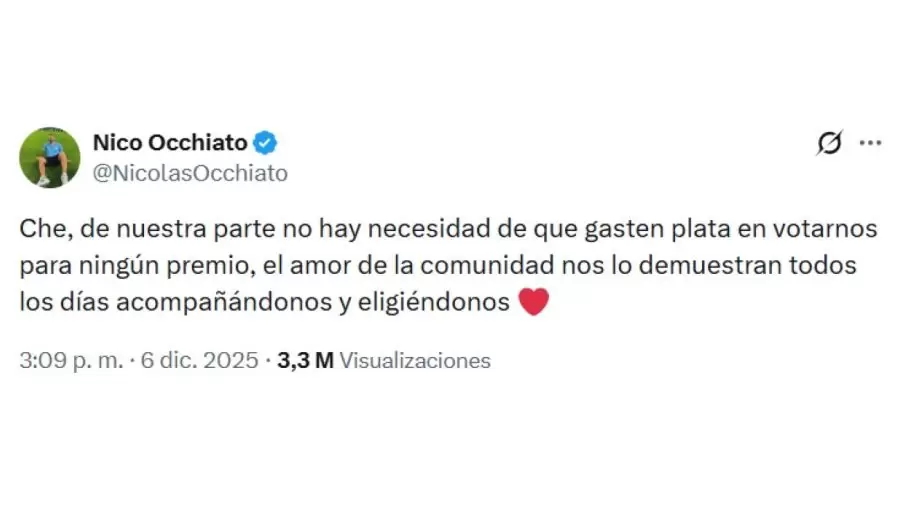 Nico Occhiato pidió a su comunidad que no gaste plata para votar en los Martín Fierro de Streaming
