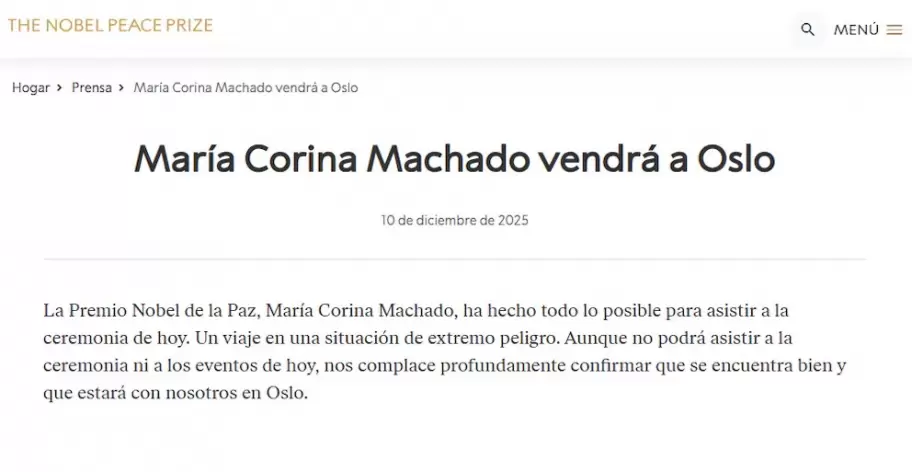 El Instituto Nobel noruego informó que la dirigente "no se encuentra en Noruega ahora"
