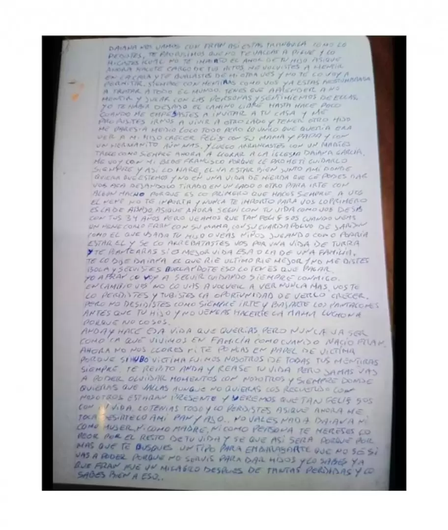 El comienzo de la carta que Gustavo Suárez le dejó a su ex pareja Daiana García antes de matar a su hijo Francisco Suárez y suicidarse.