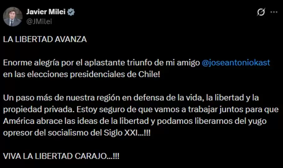 Milei sobre la elección de Kast en Chile