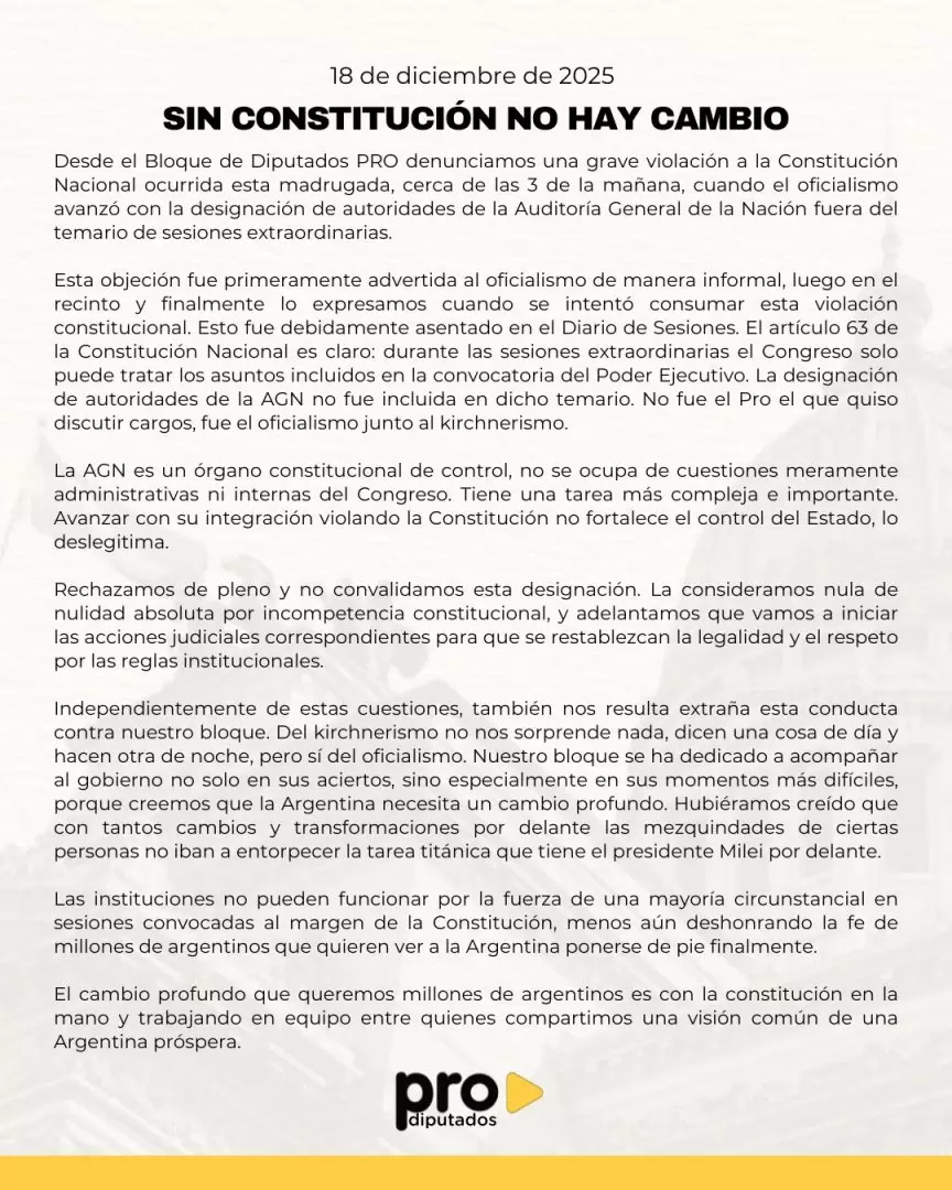 El PRO denunció una violación constitucional en la designación de autoridades de la AGN