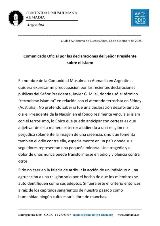 El rechazo de la comunidad musulmana al discurso de Milei