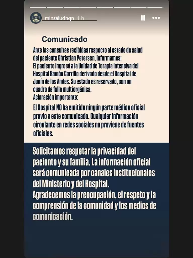 El comunicado difundido por el Ministerio de Salud de la provincia de Neuqu�n