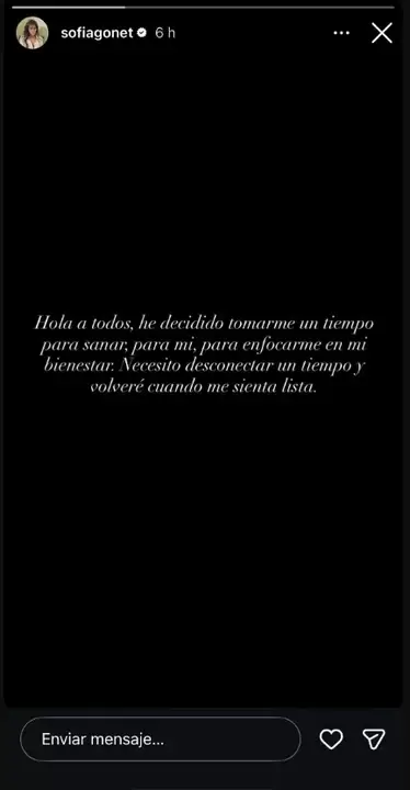 El posteo de Sof�a "La Reini" Gonet en el cual anuncia su salida de las redes sociales para evitar el hate que la rodea.