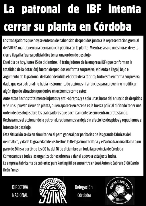 La clausura repentina de una planta de neum�ticos en C�rdoba dej� a 40 trabajadores en la calle