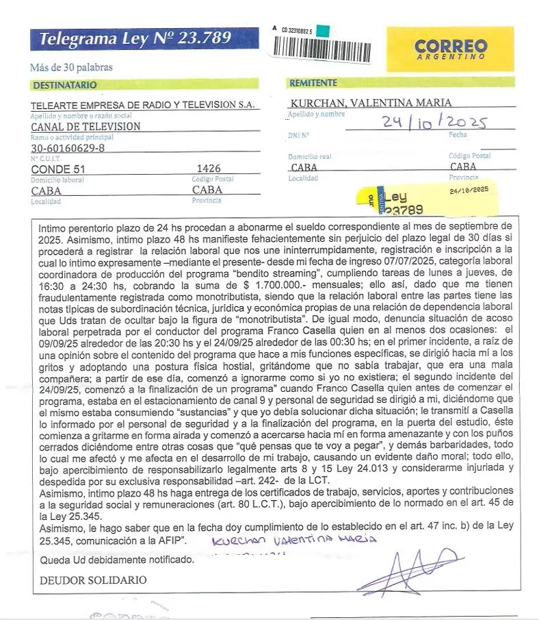 La denuncia por acoso laboral presentada por Valentina Mar�a Kurchan