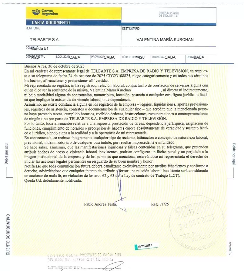 La respuesta de la empresa ante la denuncia de Kurchan