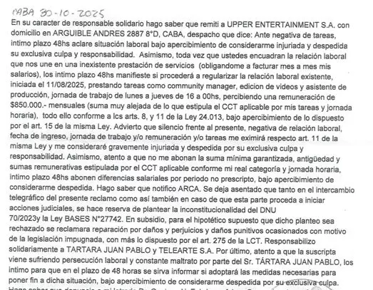 Manuela Espinoza Hoyos remitió una carta documento en la que intimó a regularizar su relación laboral