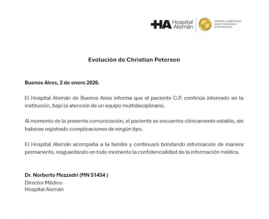 El último parte médico de Christian Petersen , difundido desde el Hospital