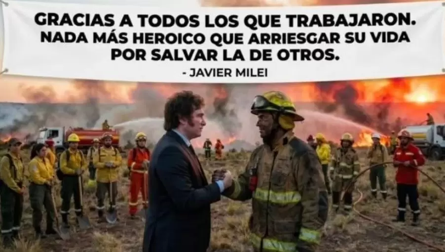 La foto de Milei con IA para reconocer el trabajo de los y las brigadistas que trabajan en l Patagonia