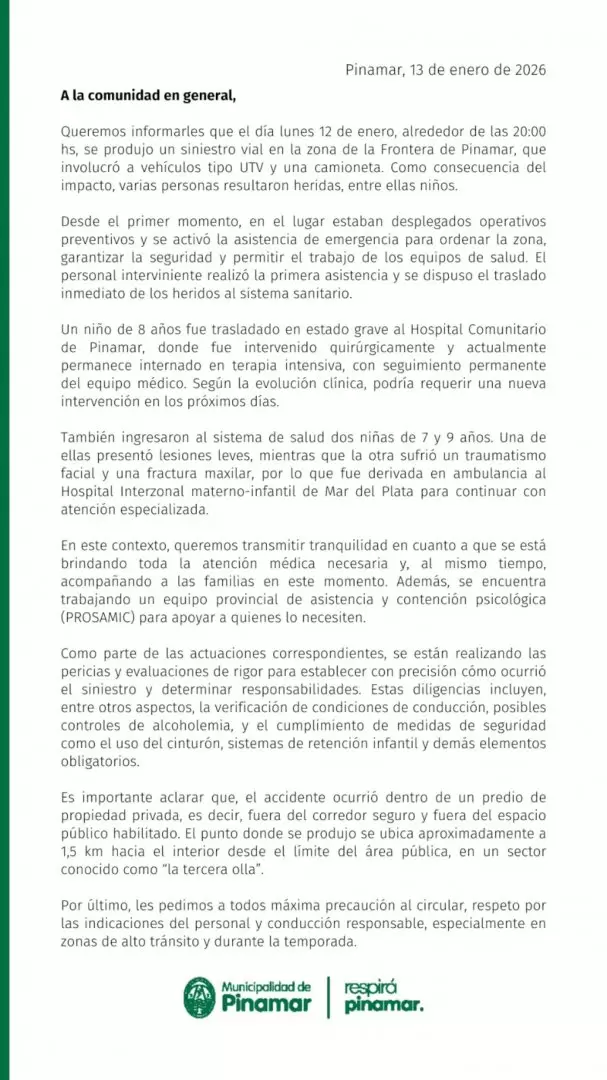 El comunicado de la Municipalidad de Pinamar