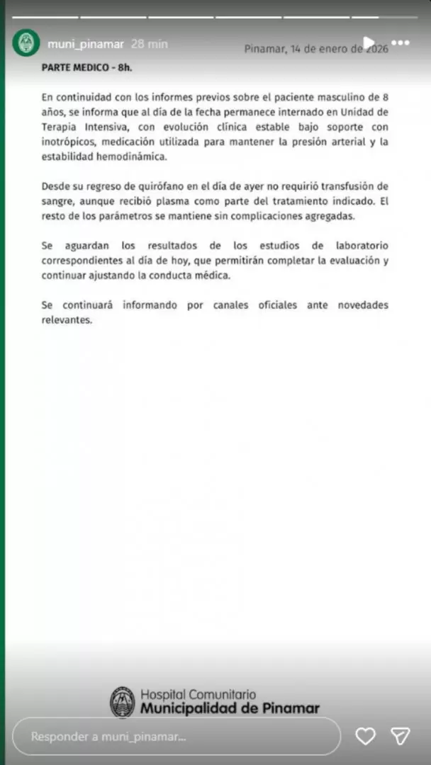 La Municipalidad de Pinamar comparti� el �ltimo parte m�dico de Basti�n