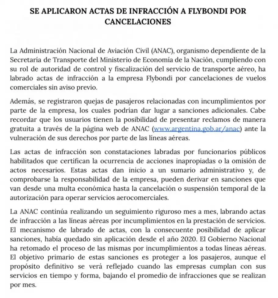 El comunicado de la ANAC