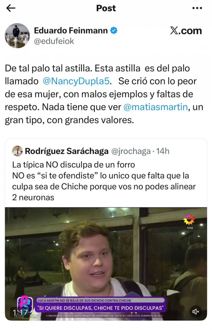 Eduardo Feinmann cruz� a Nancy Dupl�a por la crianza de su hijo, como si fuera una materia opinable en prime time