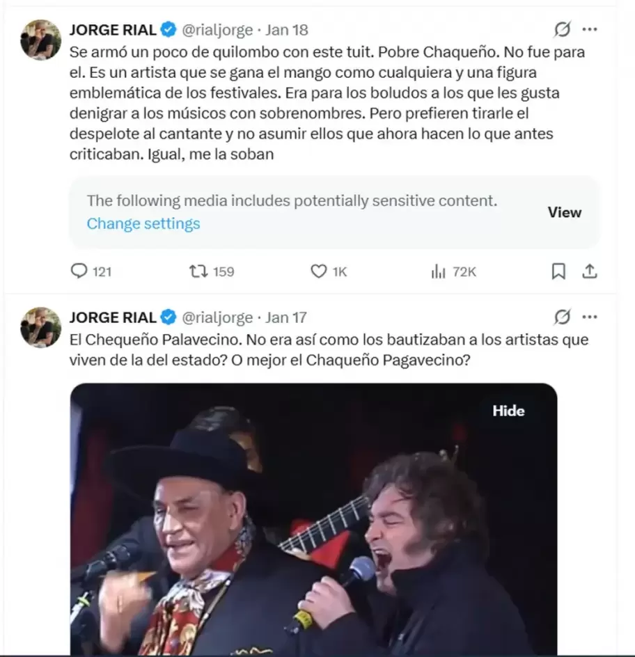 Jorge Rial y su aclaraci�n tras las repercusiones de su tuit donde expuso la doble vara libertaria para criticar artistas.
