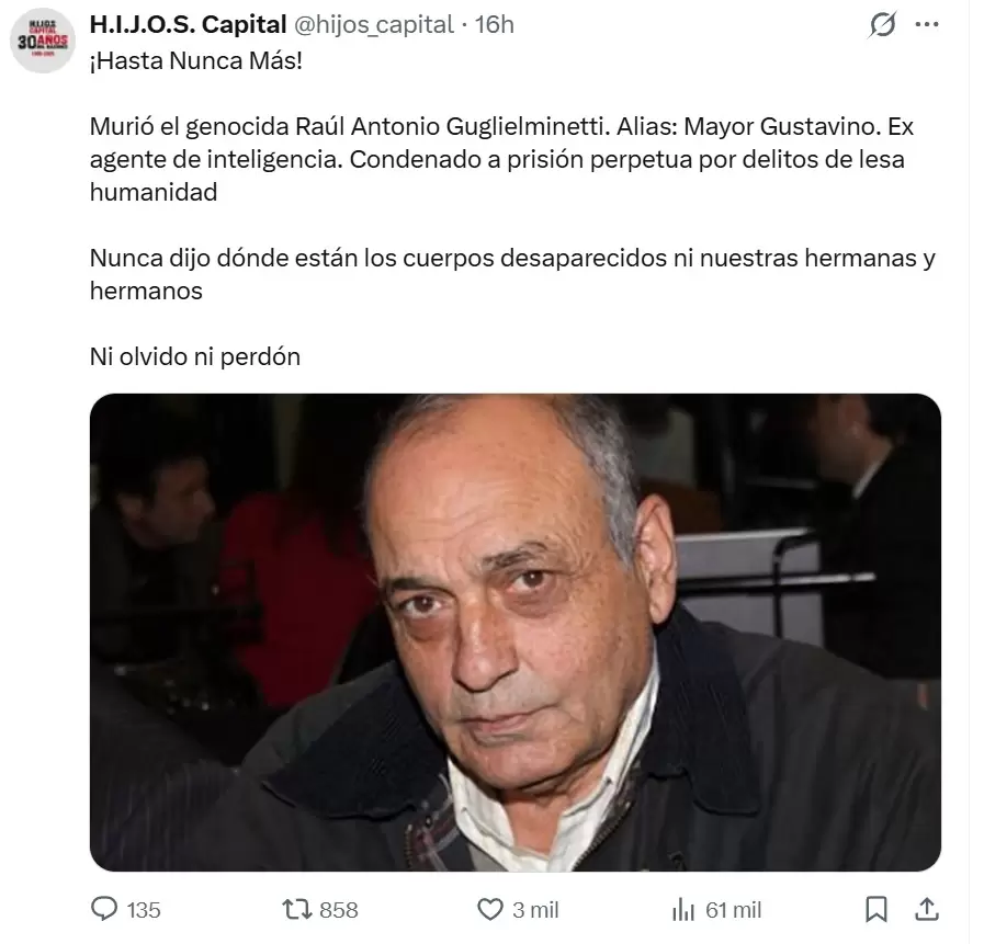 El tuit de H.I.J.O.S. donde informaron el fallecimiento del genocida Raúl Antonio Guglielminetti.