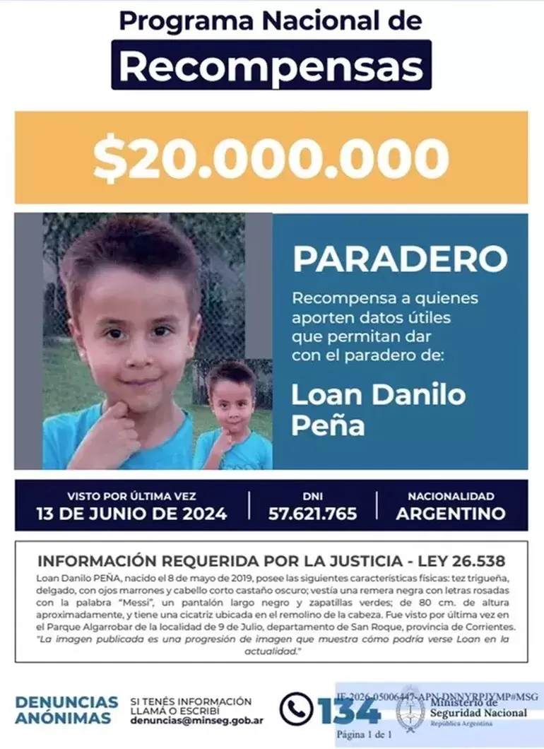 Aumentaron a 20 millones de pesos la recompensa por informaci�n del paradero de Loan Danilo Pe�a.