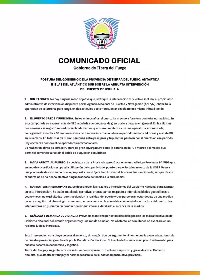 Comunicado del gobierno de Melella advirtiendo sobre la intervención del puerto