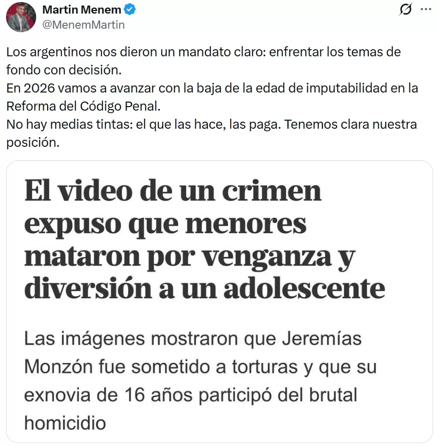 Martín Menem hasta se colgó del caso de Jeremías Monzón para hablar de la baja en la edad de imputabilidad.