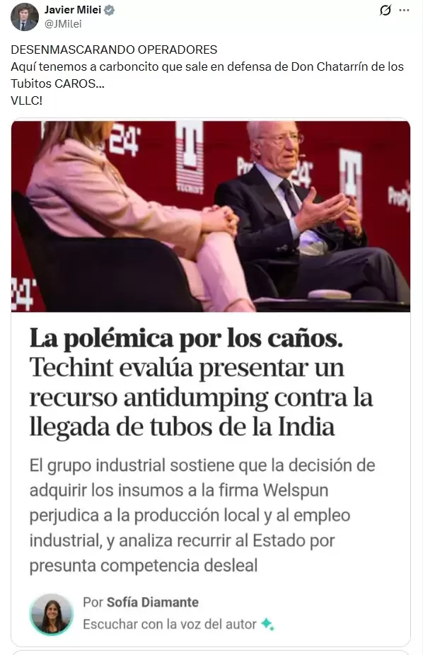 Javier Milei y sus tuits contra Héctor Mágnetto y Paolo Rocca por los reclamos de Techint por perder la licitación de Vaca Muerta.