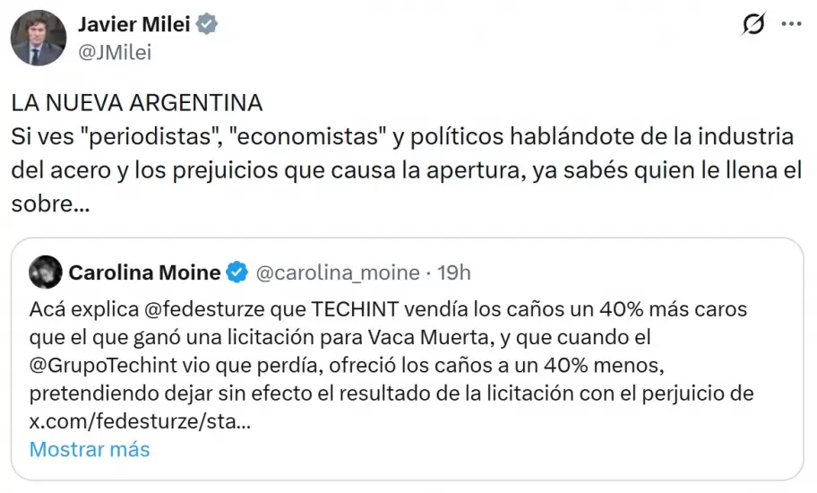 Javier Milei y sus tuits contra Héctor Mágnetto y Paolo Rocca por los reclamos de Techint por perder la licitación de Vaca Muerta.