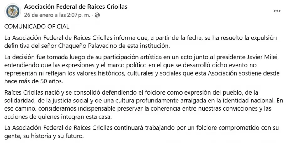 La Asociaci�n Federal Ra�ces Criollas expuls� de forma definitiva al Chaque�o Palavecino, tras cantar con Javier Milei.