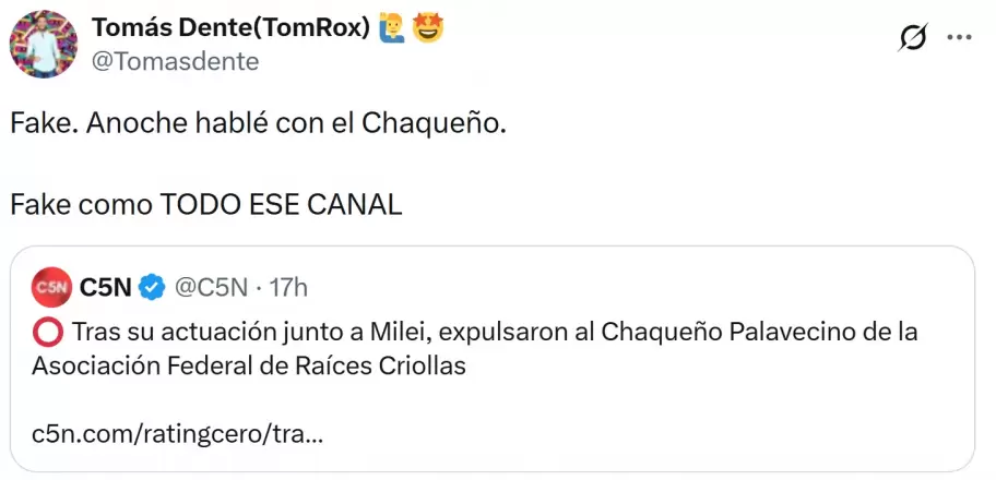 Tom�s Dente desminti� la expulsi�n del Chaque�o Palavecino de la Asociaci�n Federal de Ra�ces Criollas.