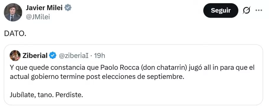 Otro tuit de Javier Milei contra Paolo Rocca y Techint.