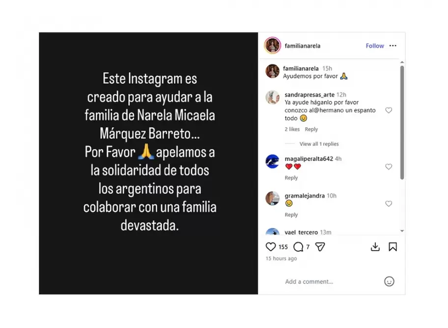 La familia de Narela Micaela Barreto armó una cuenta de Instagram para informar sobre las novedades del caso.