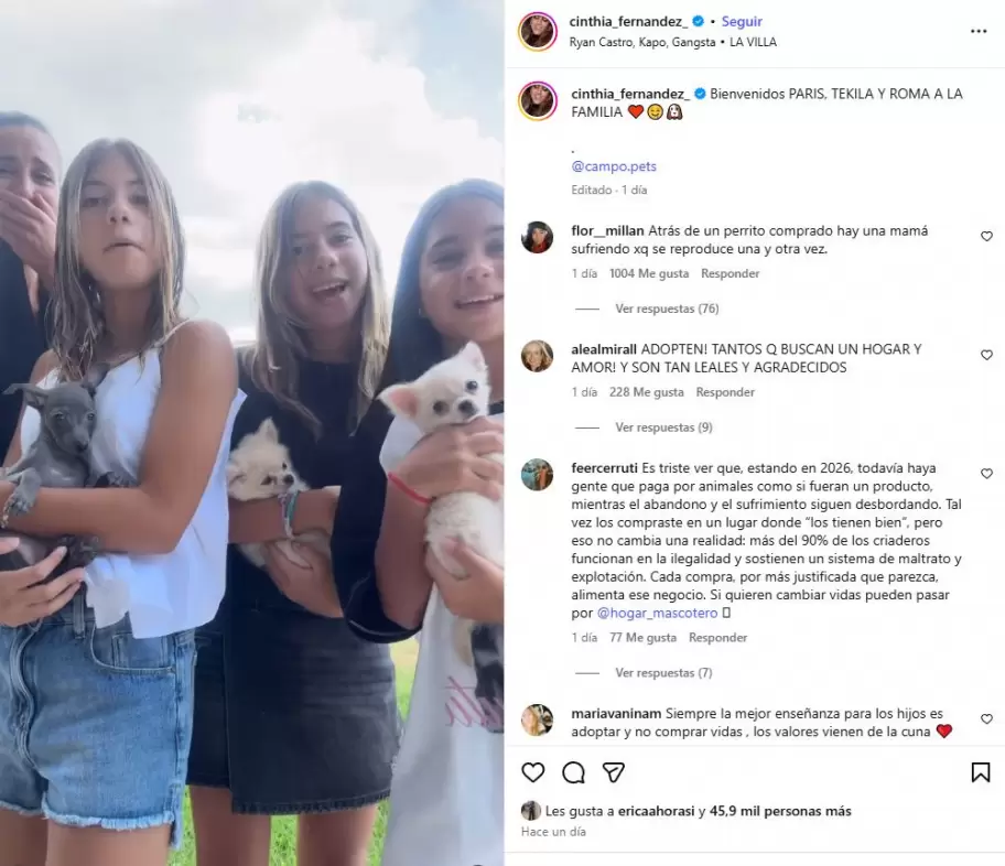 Cinthia terminó envuelta en un escándalo que reavivó el debate entre compra y adopción animal.