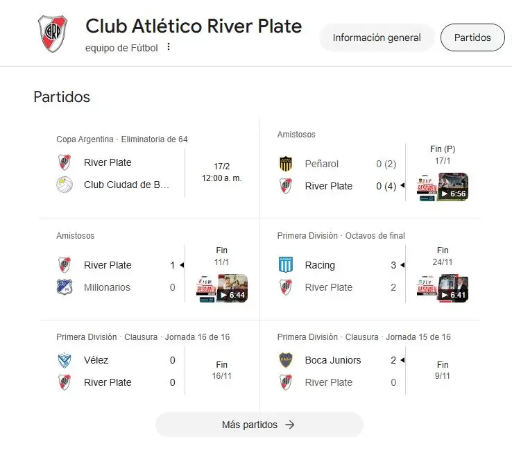 As� figuran los duelos de River en Google