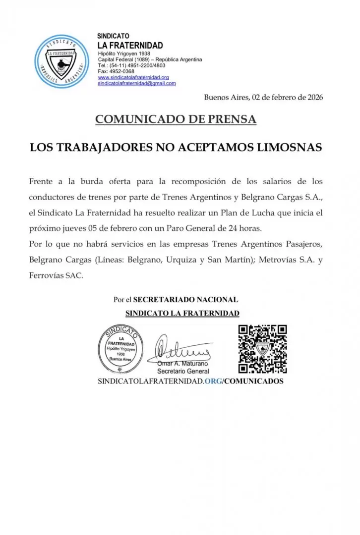 Maturano confirm� el paro de trenes