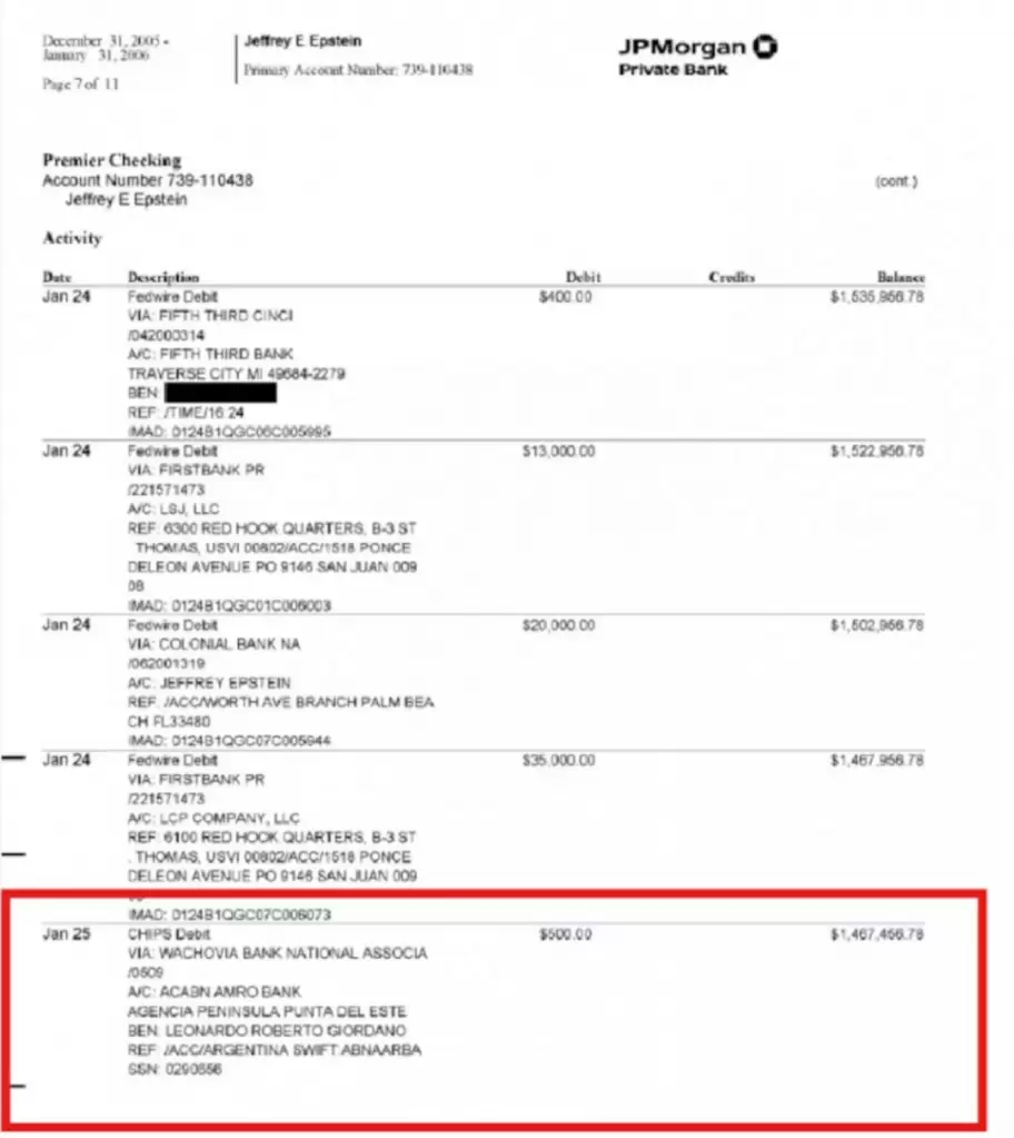 El documento del caso Jeffrey Epstein en el que se menciona a Roberto Giordano