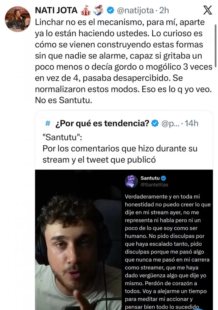 Nati Jota se metió de lleno el la polémica por los dichos de Santutu