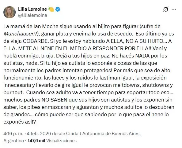 El posteo de Lilia Lemoine