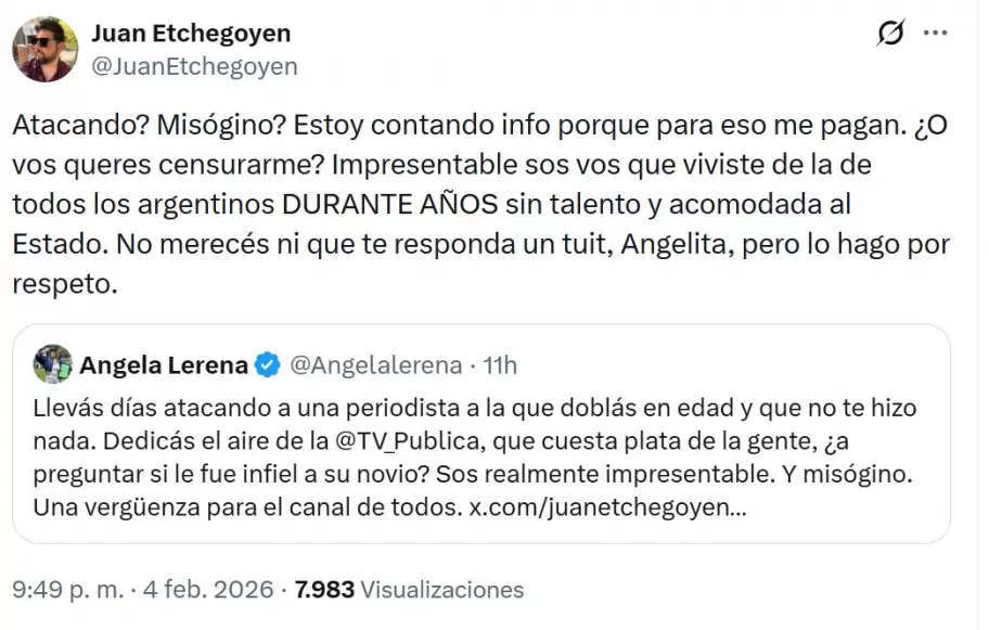 Juan Etchegoyen y �ngela Lerena tuvieron un cruce por las versiones que brind� sobre Morena Beltr�n.