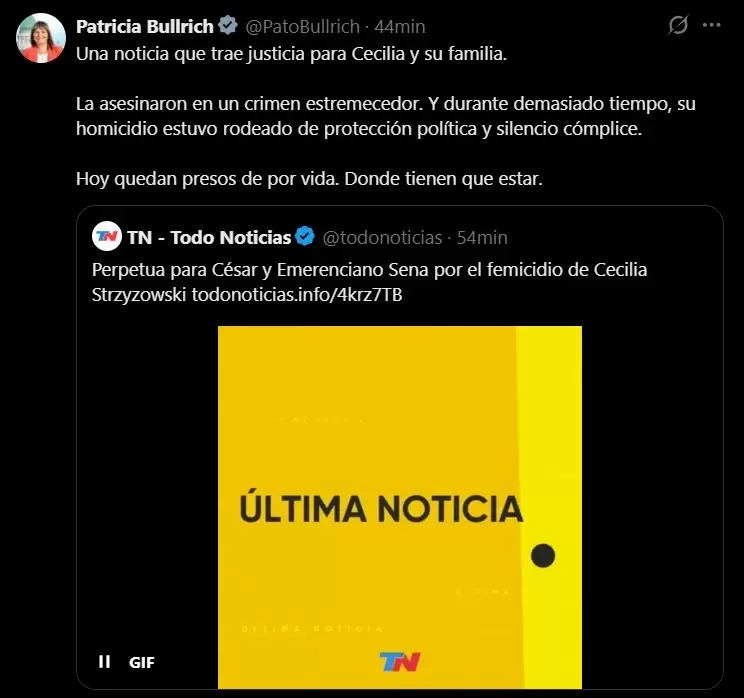 El tuit de la ex ministra de Seguridad Patricia Bullrich sobre la condena al Clan Sena.