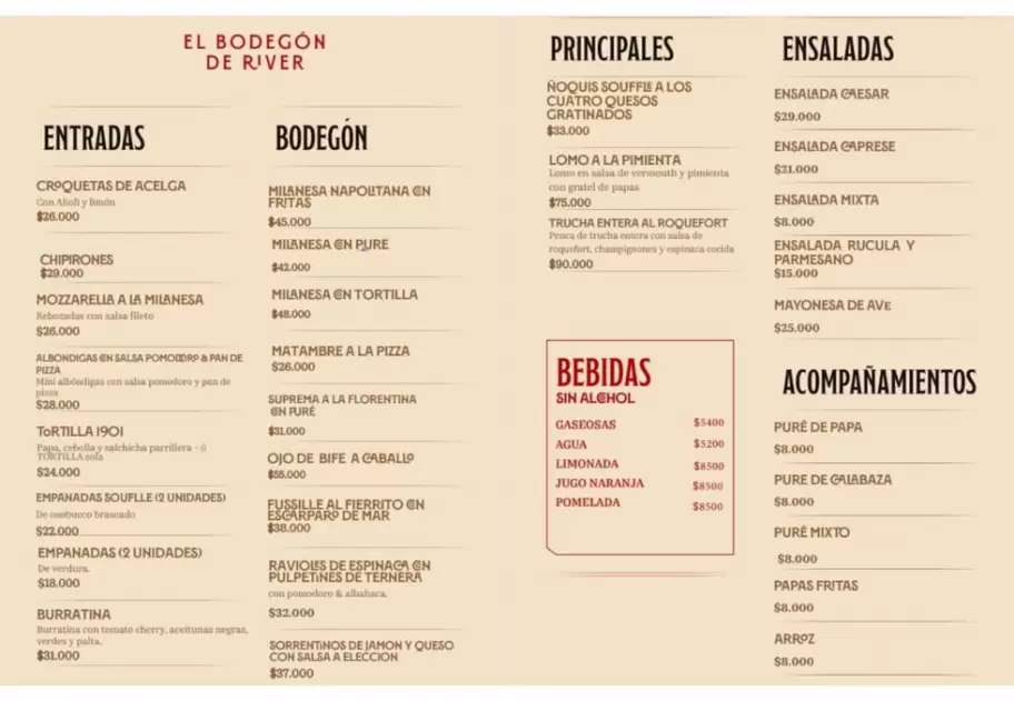 La carta con precios del nuevo bodeg�n de River