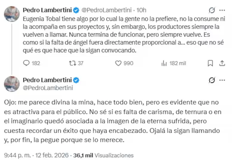 Los tuits del cocinero Pedro Lambertini contra Eugenia Tobal