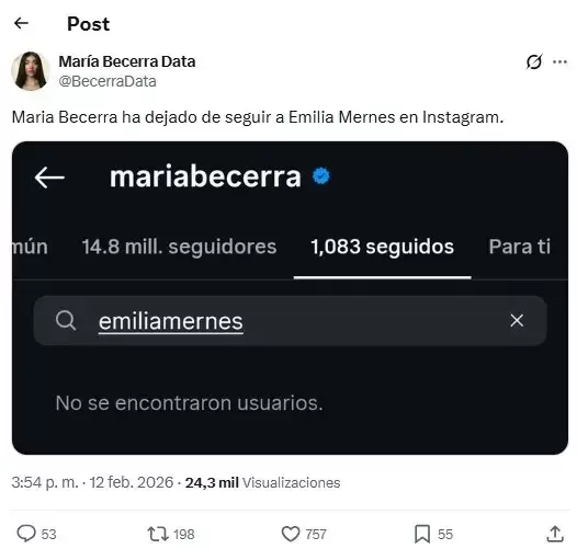 Se termin� lo que se daba: Mar�a Becerra dej� de seguir a Emilia Mernes