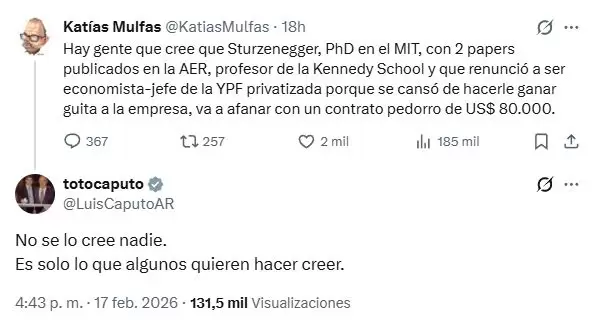 El papel�n de Caputo en redes: intent� defender a Sturzenegger respondi�ndole a una cuenta fake