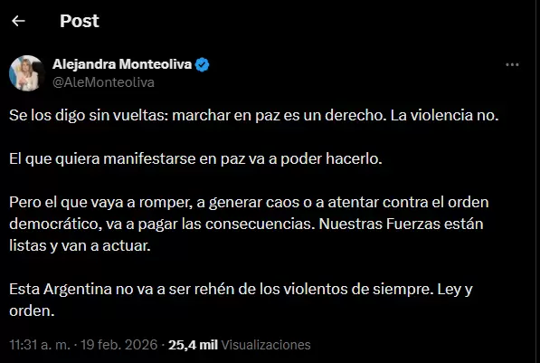La ministra de Seguridad, Alejandra Monteoliva, envi� ciertas amenazas ante la movilizaci�n en contra de la reforma laboral