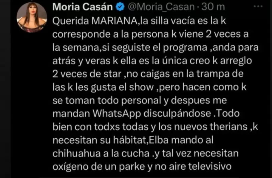 El mensaje de Moria Cas�n que desat� la furia de Cinthia Fern�ndez